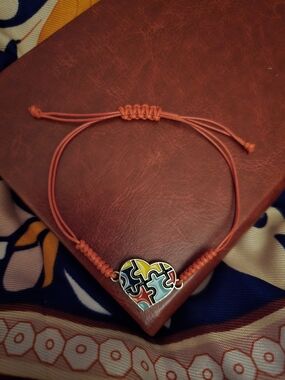 Autism Awareness And Acceptance Heart Puzzle Piece Cord Bracelet - Red